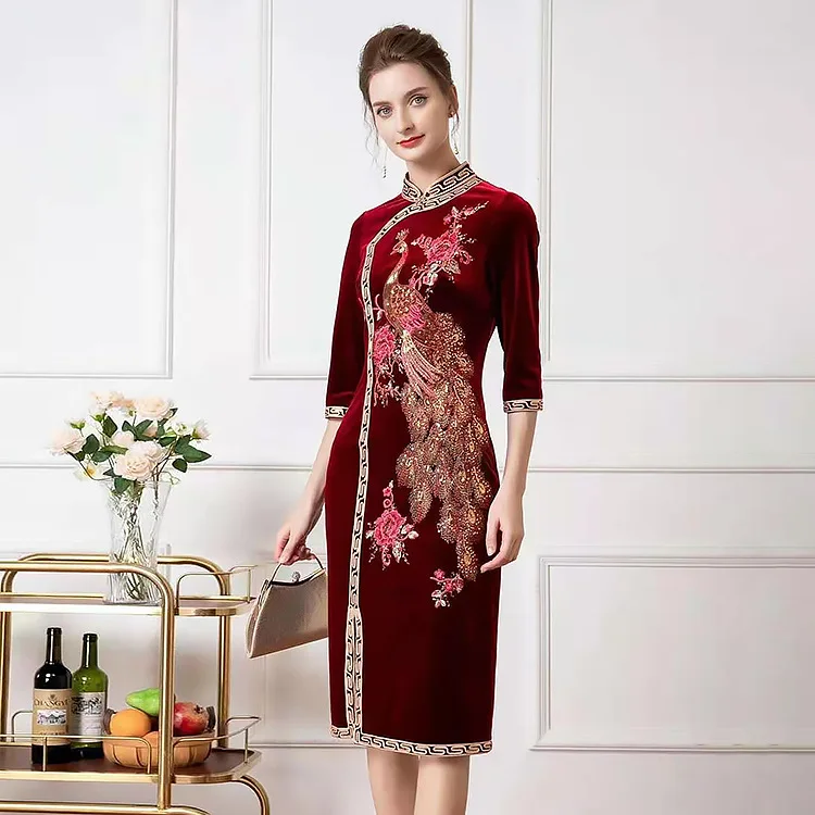 

Bodycon Dress 2023 Spring Autumn Party Cocktail Women Luxurious Sequined Embroidery 3/4 Sleeve Wine Red Black Dress Female 6xl