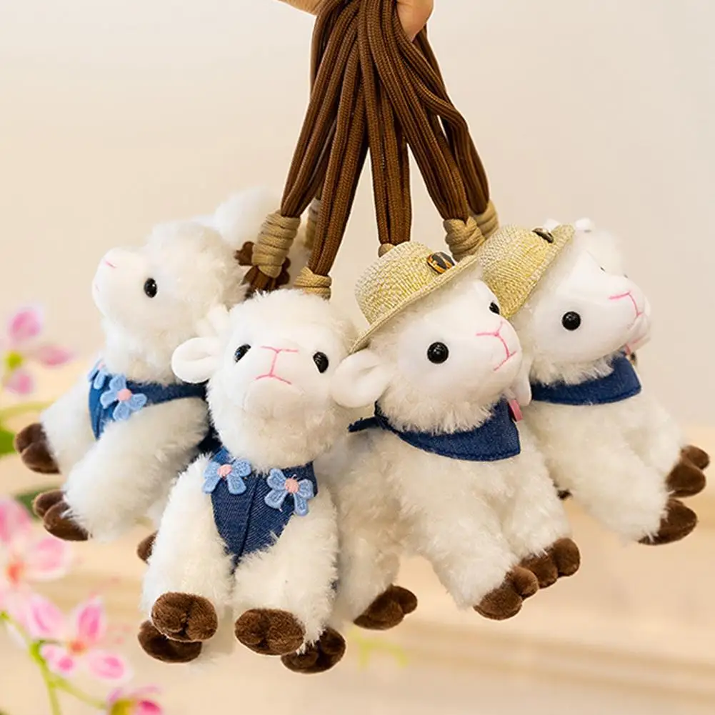 Kawai Plush Lamb Pendant Soft Fluffy Sheep Stuffed Animal Charm with Strap Backpack Bag Ornament Keychain Gift