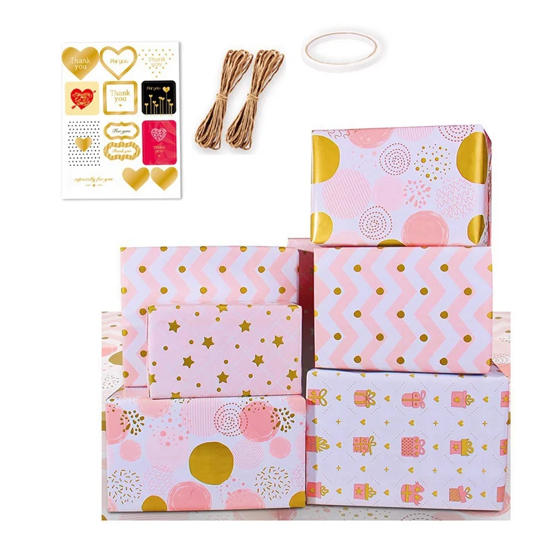 AB35 Papel de regalo de cumpleaños de oro rosa, hojas dobladas para niñas para fiesta, boda, Día de San Valentín, todas las ocasiones