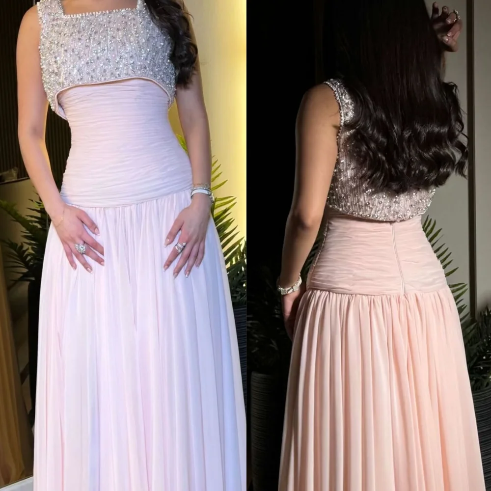 Customized Fashion Formal Chiffon Sequined Pleat A-line Square Neck Long Dresses Bespoke Occasion Elegant