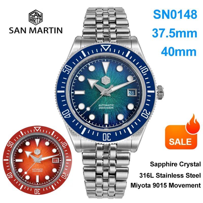 San Martin SN0148 Men's Watch Miyota 9015 Automatic Mechanical Movement Enamel Spiral Vortex Dial 200m Waterproof Luxury Watch