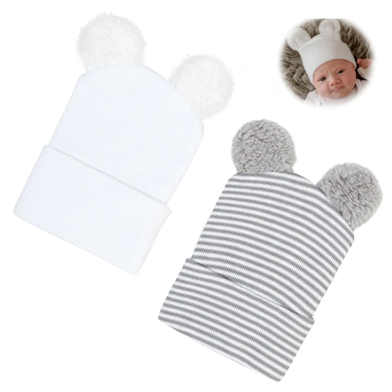 2pcs Cotton Knitted Newborn Hospital Hat Baby Nursery Beanie Cap Pompom Ball Cute Stripe Infant Hat Soft Turban Hats for Baby