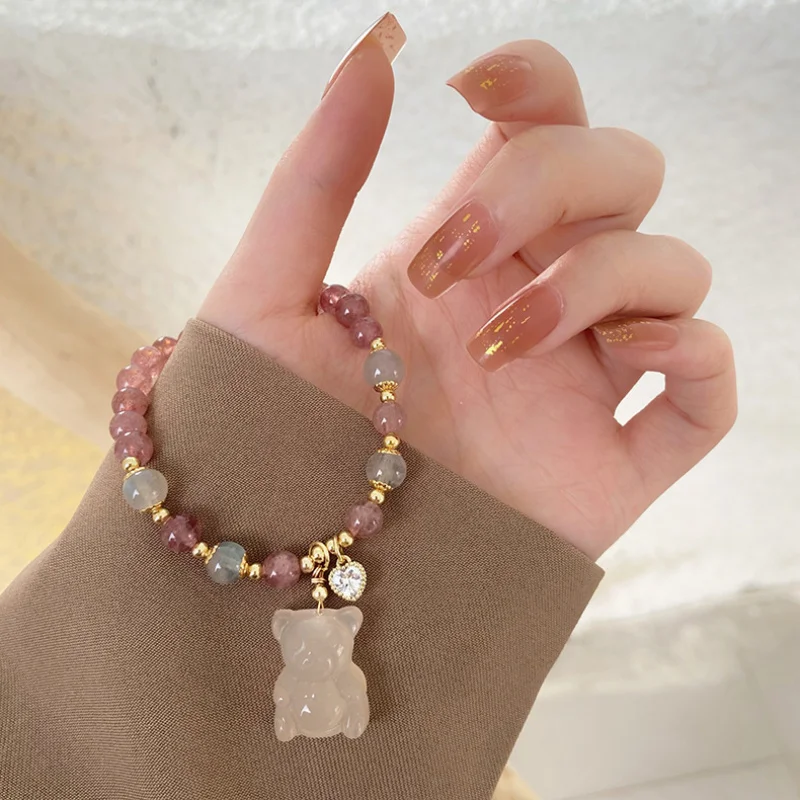 Super Fairy Natural Strawberry Quartz Three-Dimensional Bear Gray Moonlight Cute Hand-Shaped Brush Sweet Fresh Bracelet