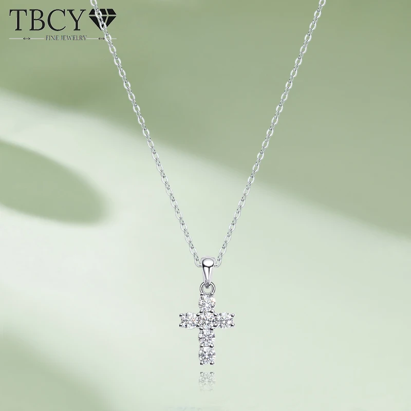 TBCYD D Color Moissanite Cross Pendant For Women 18k White Gold Plated S925 Sterling Silver Necklace Chain Wedding Fine Jewelry