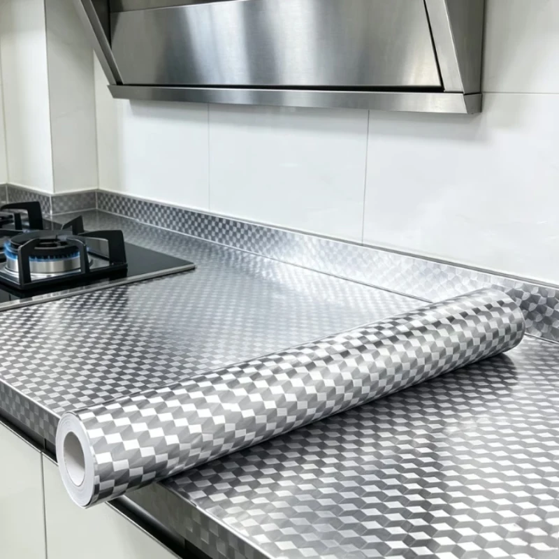 Kitchen Aluminum Foil Wallpaper Roll 3D Cube-Patterned Stain-Resistant Sticker For Refurbishing Cabinet Drawer And Countertop.