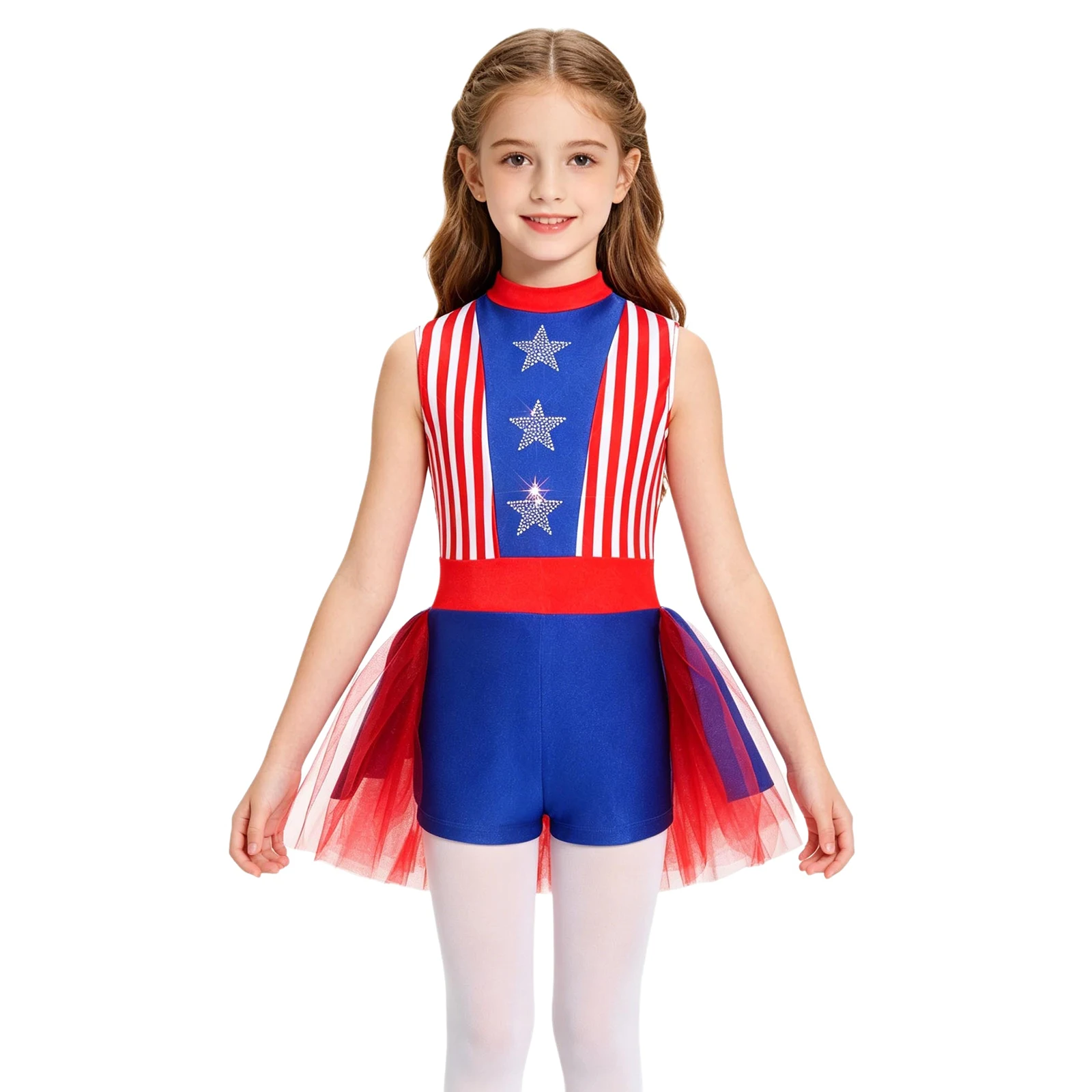 

Girls 4th July Costume Rhinestone Stars Striped Sleeveless Back Zipper Jumpsuit with Tulle Tutu Skirt for Gymnastics Latin Dance