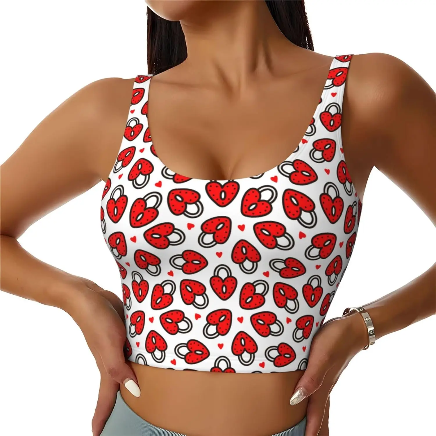 Women Sports Bras Scoop Neck Yoga Playful Red Heart lock Crop Tank Tops U Back Fitness Exercise Workout Running