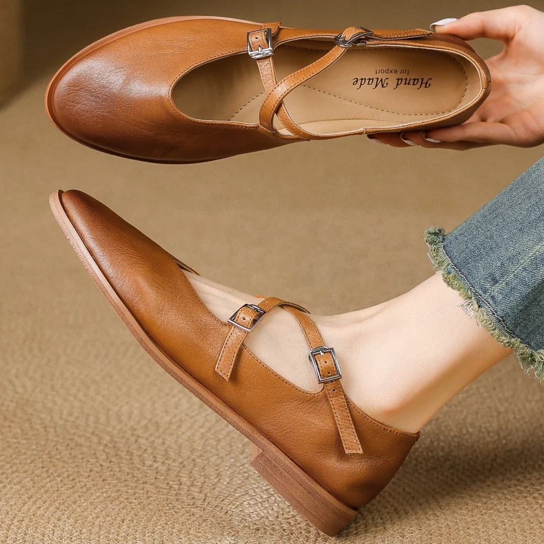 

Женские балетки без шнуровки из коровьей кожи с узкими ремешками и перекрестными ремешками, высококачественная мягкая удобная повседневная женская повседневная обувь с круглым носком