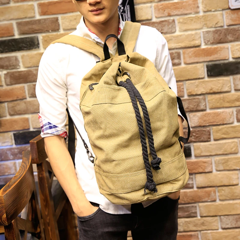 New Men's Backpack Large Capacity Men Drawstring Backpack Canvas Bucket Bag Unisex Fashionable Concise School Bag Male Schoolbag