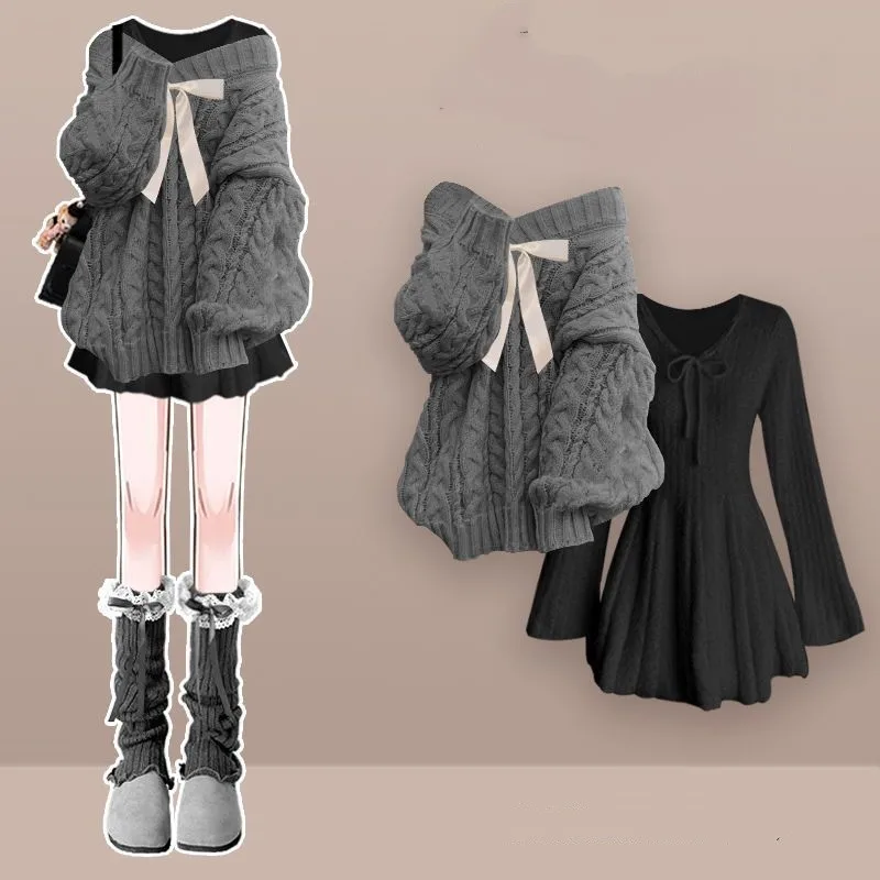 Women's 2026 Winter New Fashion Knitted Sweater Midi Skirt Matching Set Korean Elegant Pullover+Long-sleeve Dress Two Piece Suit