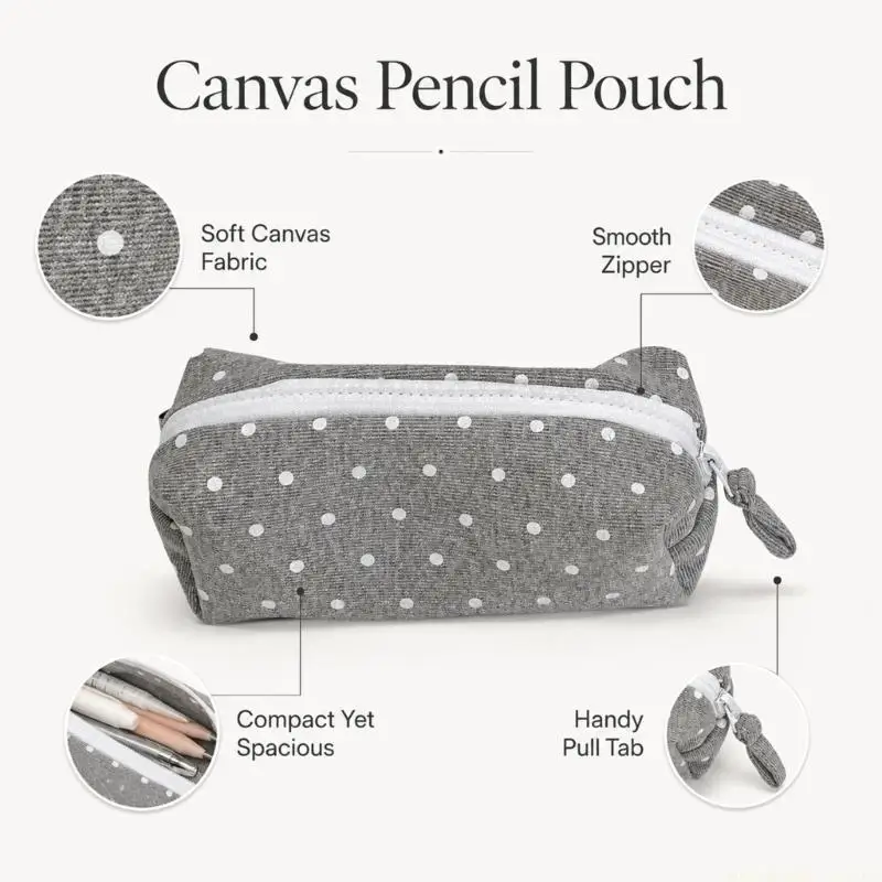 Dotted Pencil Bag with Zippered Access, Large Capacity Canvas Fabric Pencil Storage for School and Library Use