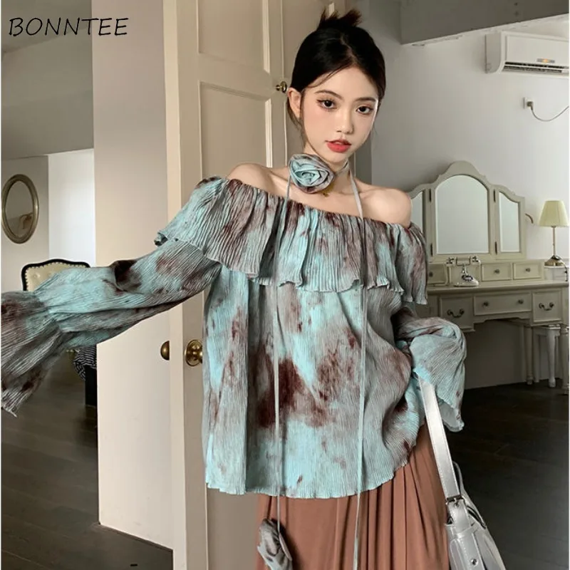 Vintage Tie Dye Blouses Women Gradient Slash Neck Floral Ruffles Spring Korean Style Tops Hot Sweet Y2k Charming Streetwear BF