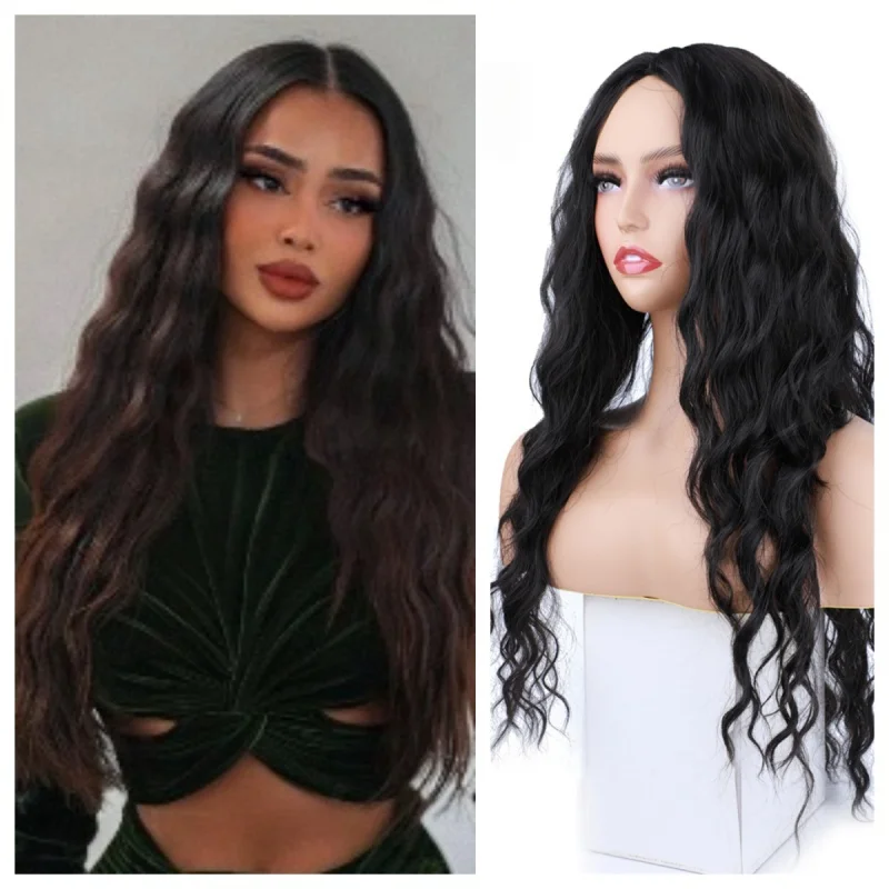 Lydia 22IN Long Curly Wavy Synthetic Cosplay Daily Deep Wigs Skin Topper Knekalon Heat Resistant Black Loose Wave For Women 60cm