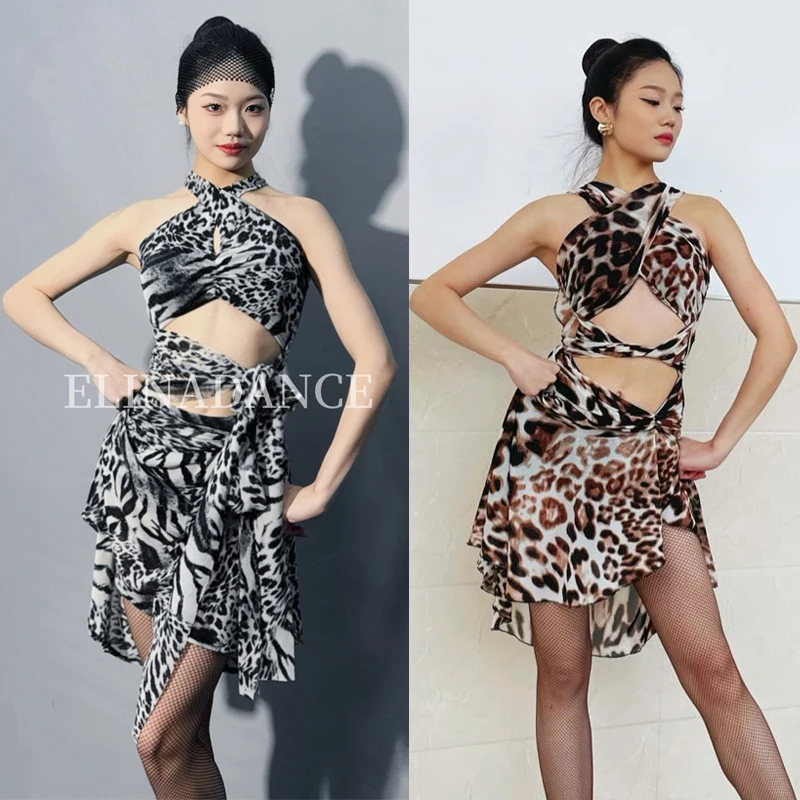 Sexy Cutout Leopard Latin Dance Dress Adults Chacha Samba Ballroom Dance Costume Latin Dance Clothing Practice Wear SL11691