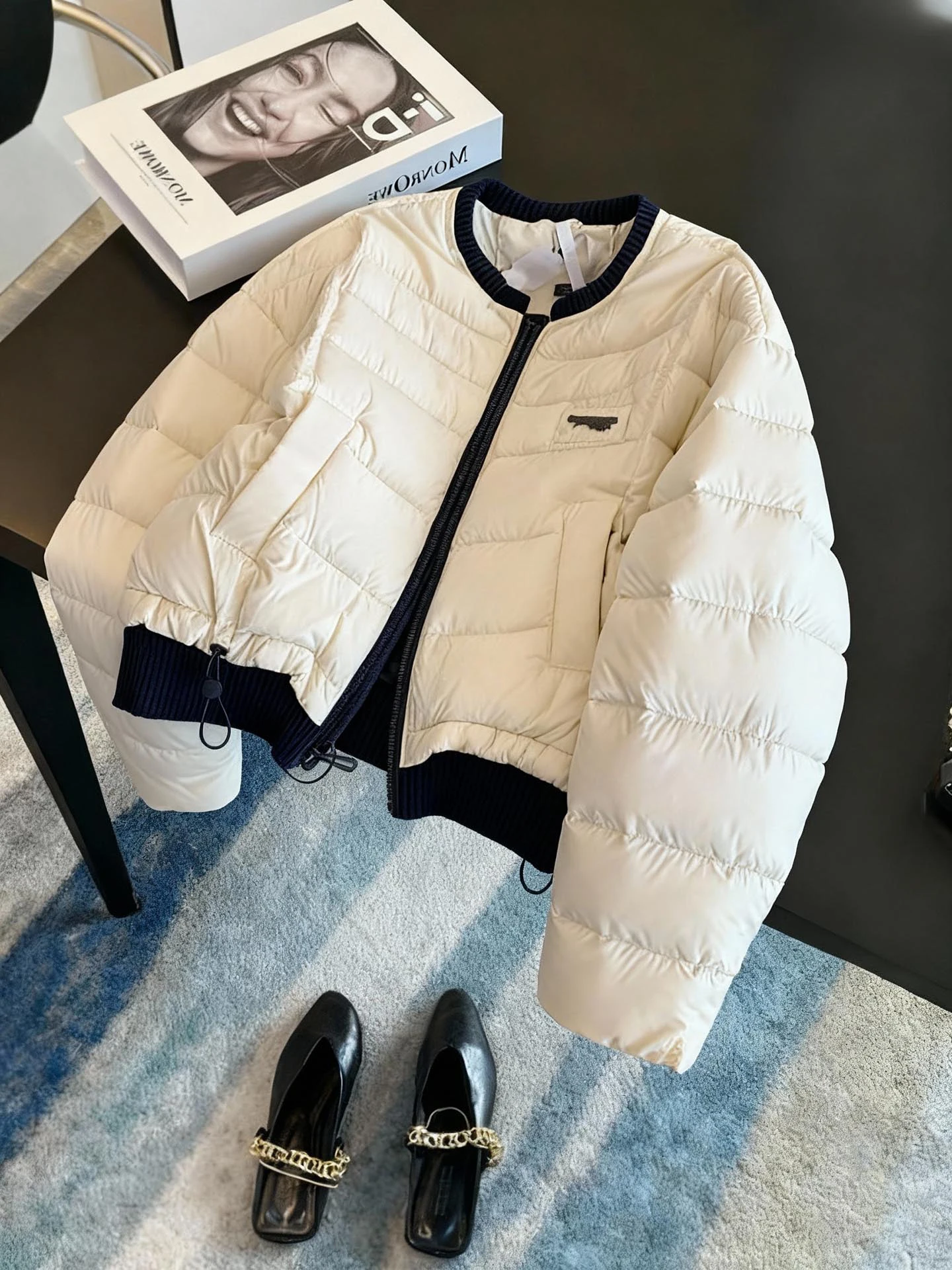 

White Knitted Patchwork Color Blo Zipper round Ne Cotton Jaet Women's Autumn Winter Warm Small Size Cotton Coat