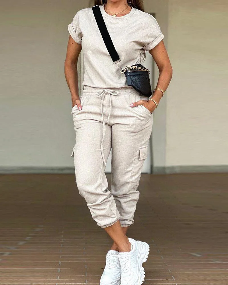 

Two Piece Set Women Solid Round Neck Short Sleeve T Shirts Drawstring Trousers Midi Waist Pants Pockets Ladies Autumn 2023