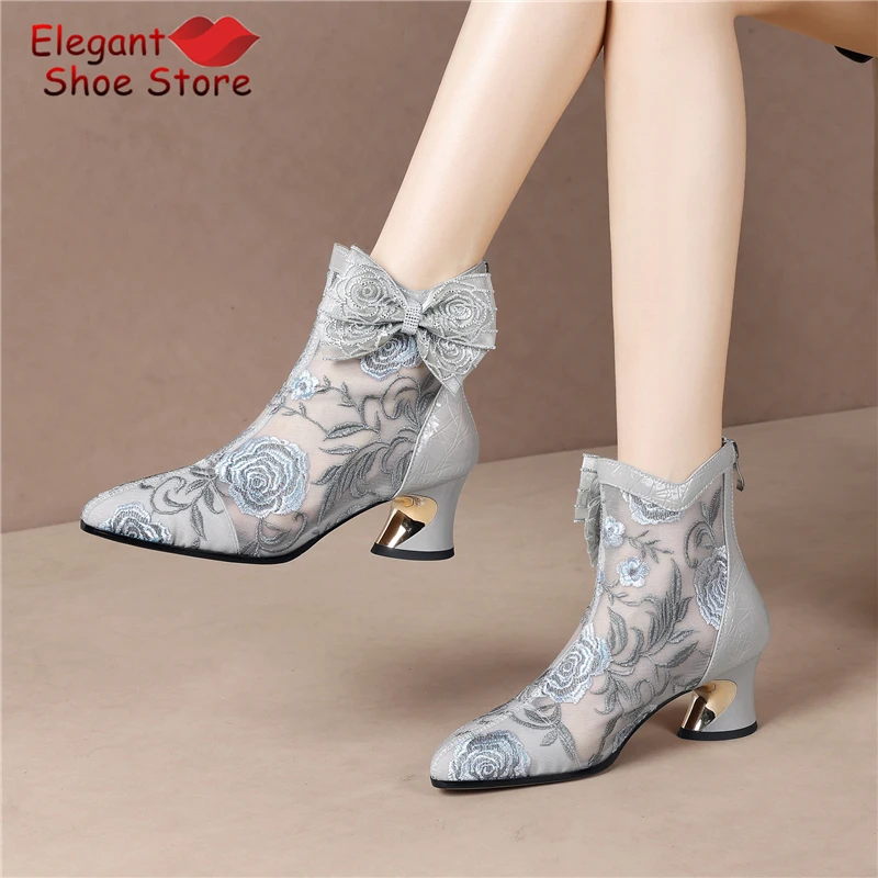 Elegant Mesh Bow Embellished Short Boots Rose Embroidery Genuine Leather Strange Heel Ankle Boots Spring Summer Women Shoes