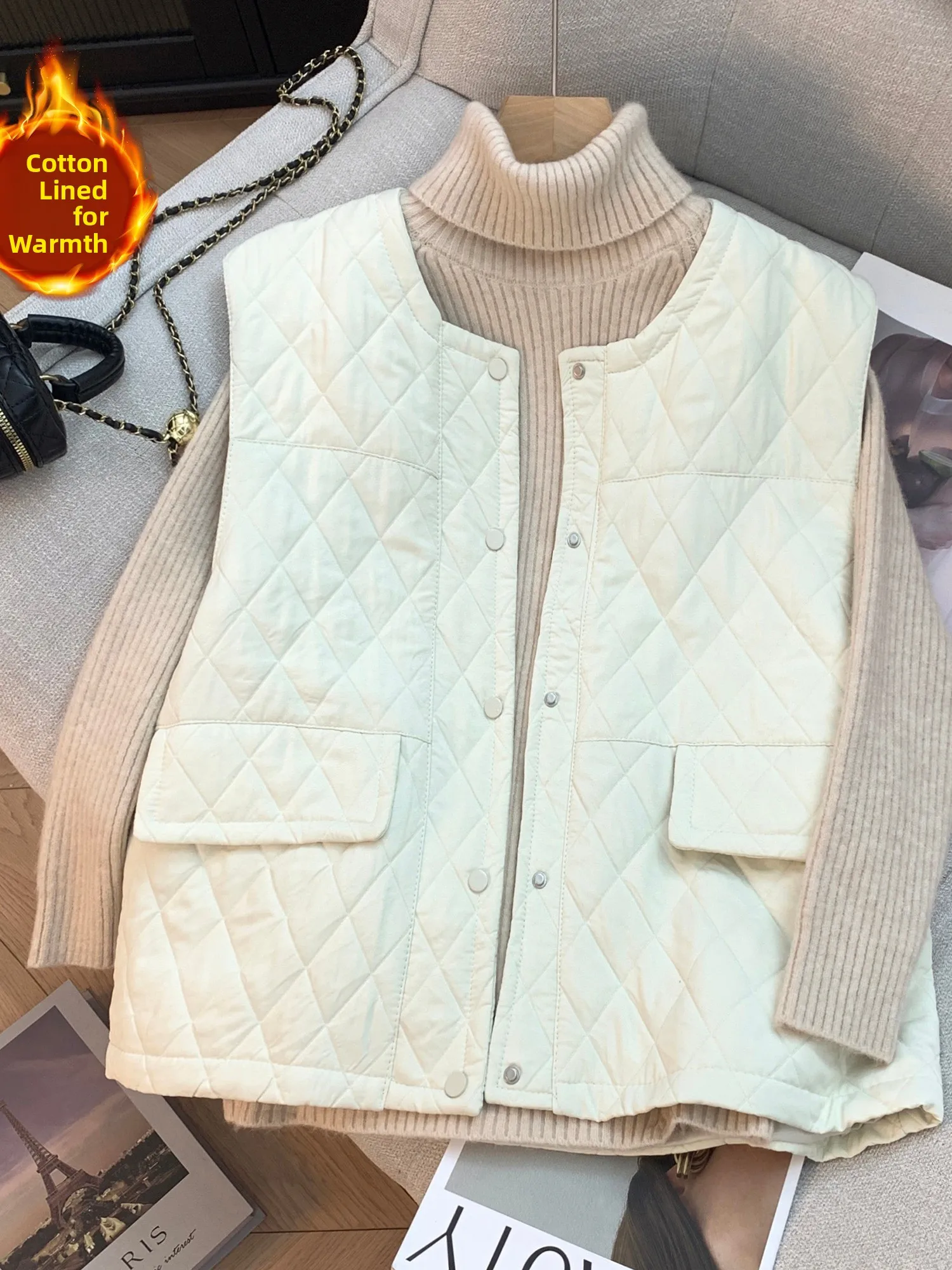 Women's Vintage Diamond Pattern Thin Cotton Vest Outerwear Winter Layering Sleeveless Cardigan Shoulder Top Warm Casual Style