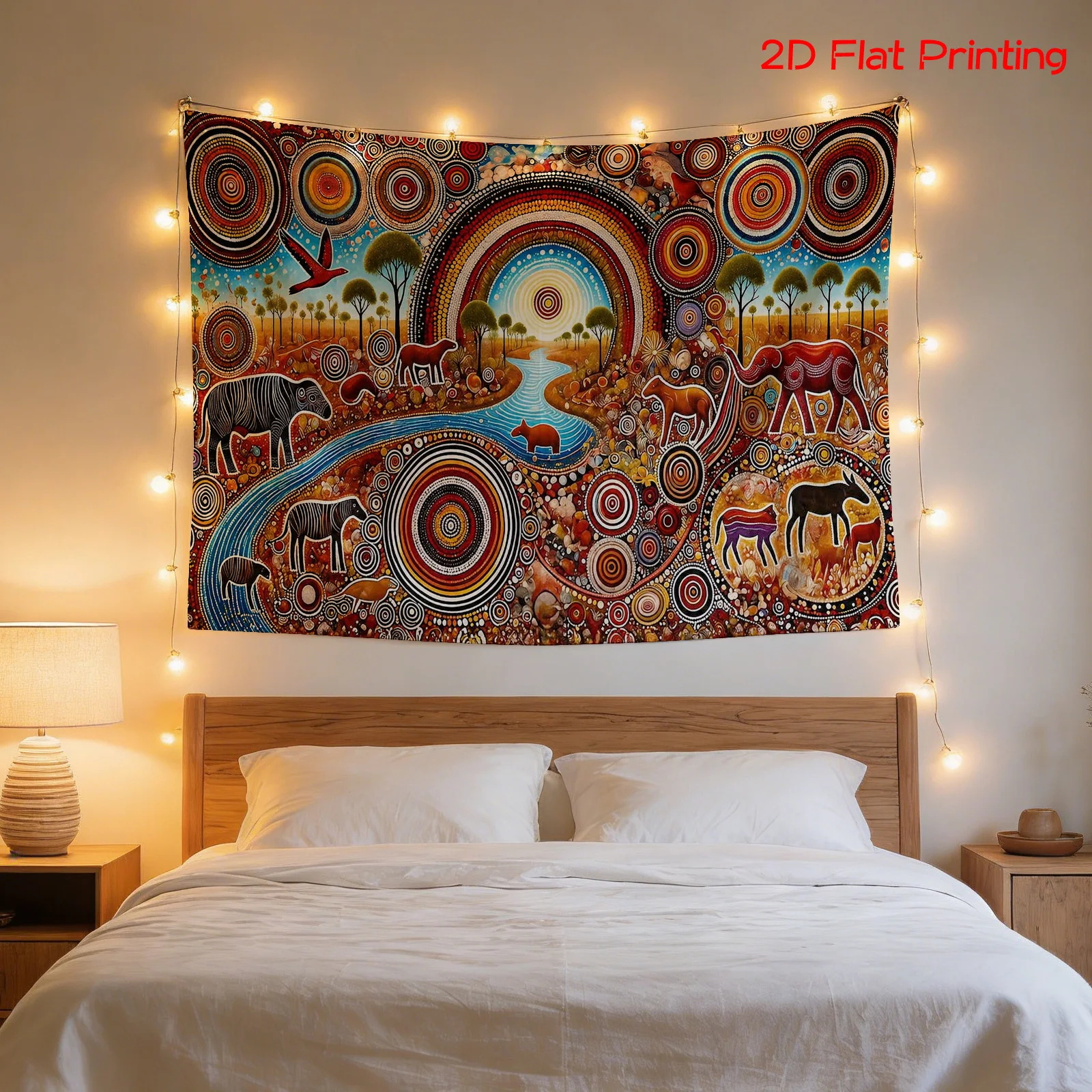 Aboriginal Style Tapestry, Colorful Elephant River Wall Hanging, Boho Psychedelic Dorm Decor Ethnic Totem Animal Art for Bedroom