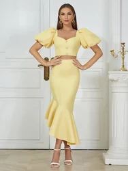 Summer Women Square Collar Puff Sleeve Short Top + Long Skirts Two Piece Sets Elegant Yellow Button Design Suits Brithday Party