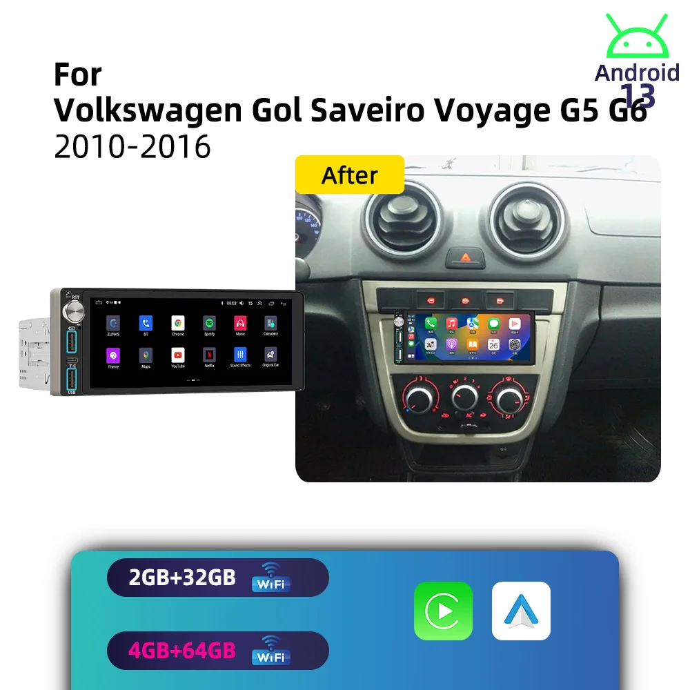 Car Multimedia for VW Volkswagen Gol Saveiro Voyage G5 G6 2010-2016 Android 1Din Car Stereo Autoradio Radio 6.86