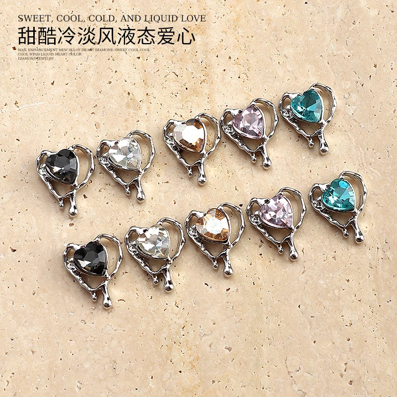 10Pcs Heart Shaped Hollow Nail Crystal Rhinestones Punk Multi-Colors Nail Charms Jewelry For Nail Art 3D Accessories