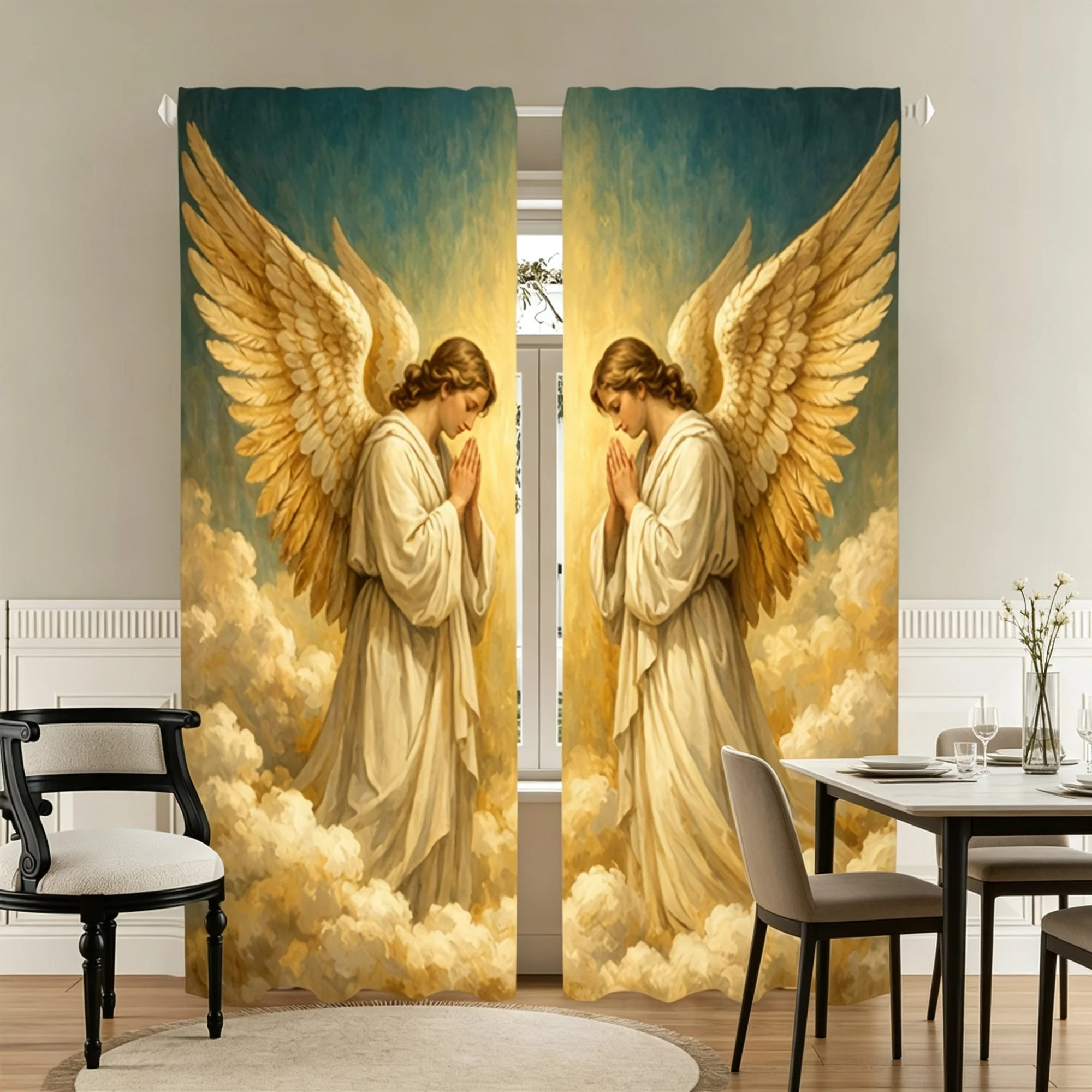 2pcs Angel Cloud Pattern Printed Curtains Soft Light Protection Privacy Pocket Rod Installation Suitable for Living Room Kitchen