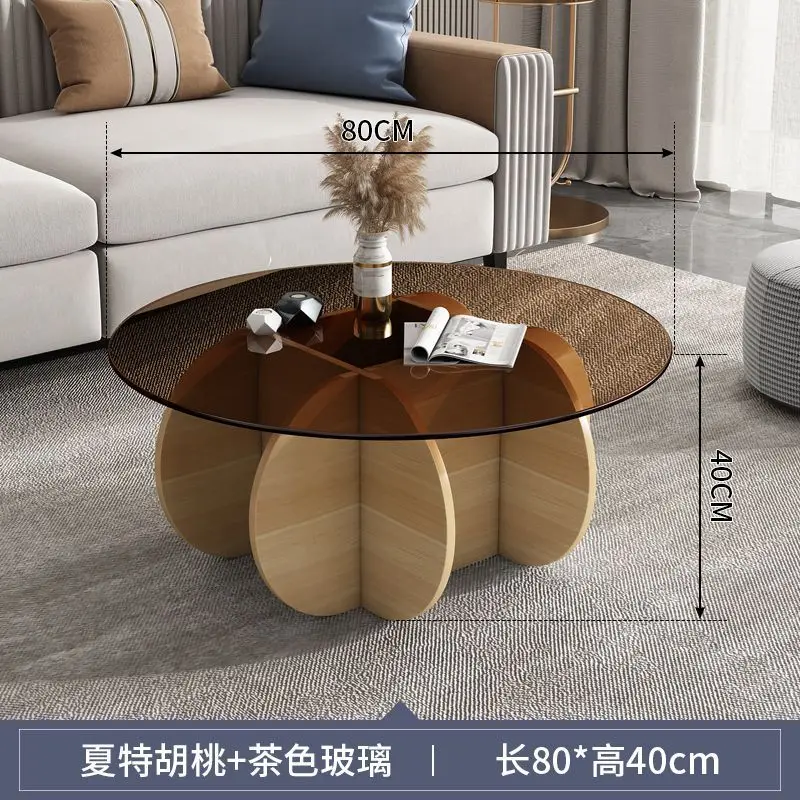 Glass coffee table, light luxury, modern living room, household small unit, rock slab circular tea table, minimalist