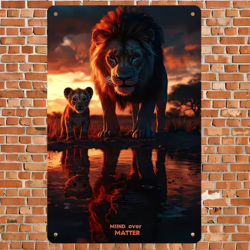Mind Over Matter Lion & Cub Sunset Reflection Metal Tin Sign - Artistic Iron Wall Decor, Vintage Wildlife Design, for Home, Offi
