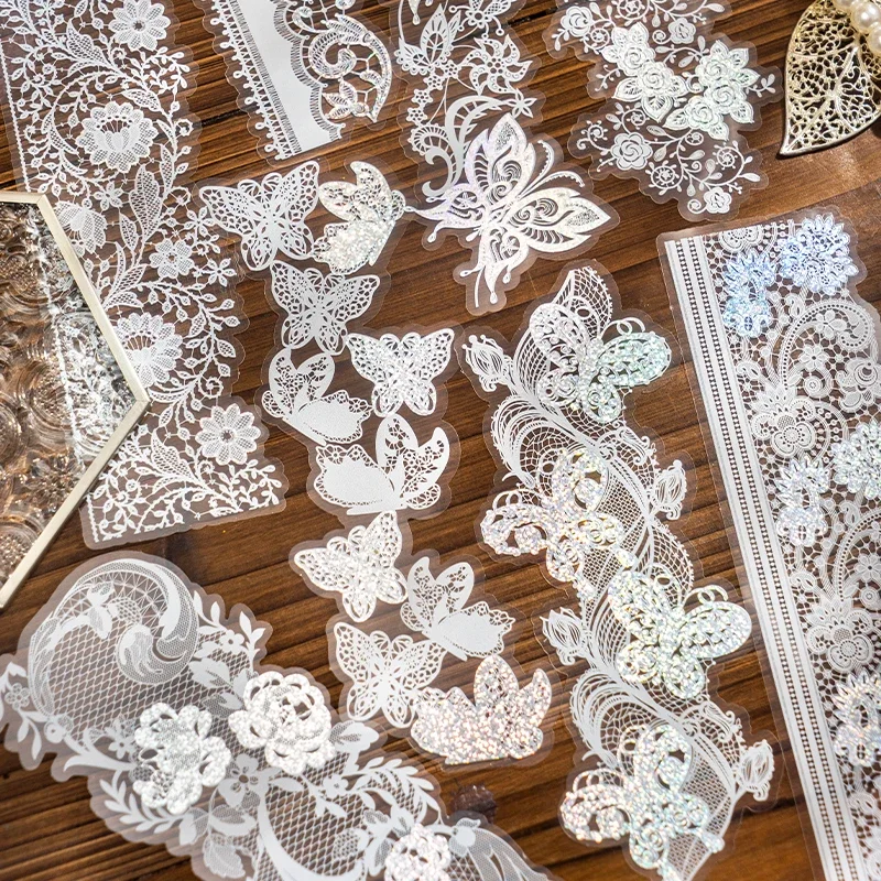 10Sheet Stickers Transparent Silver lace minimalist Hollow scrapbooking decorative material post office gift waterproof Handbook