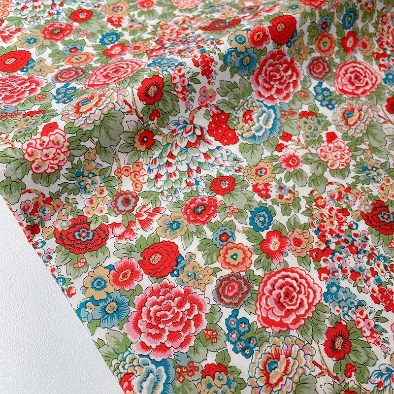 Retro Red Purple Rose 60s Soft Poplin Cotton Fabric 145x50cm for Handmade Women's Dress Shirts High-Density Sewing Cloth