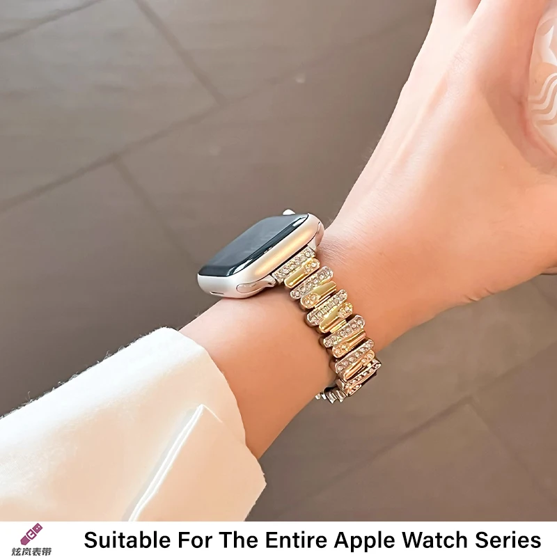สายนาฬิกาสแตนเลสโลหะที่ไม่สม่ําเสมอพร้อมหัวเข็มขัดผีเสื้อเพชรฝังตัวสําหรับ Applewatch Steel Slim Strap สําหรับ iwatch