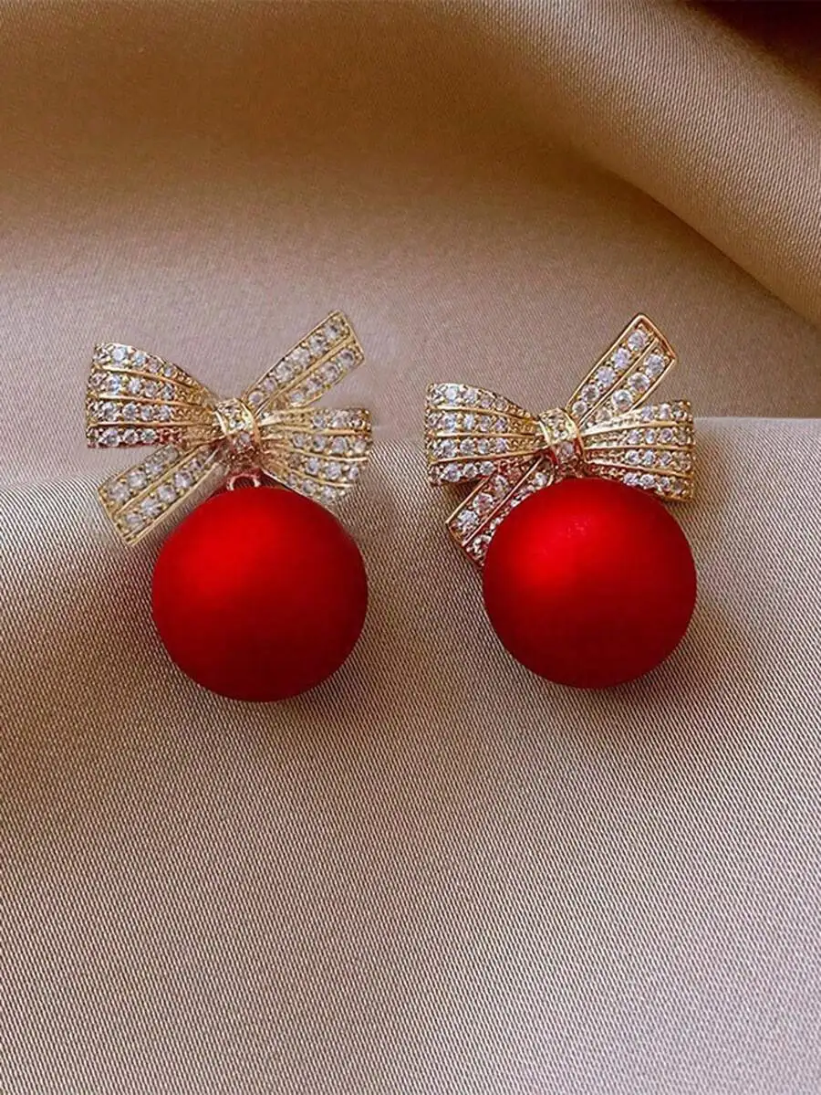 

Fashion Bow Rhinestone Dangle Earrings Red For Women Party Christmas New Year Gift