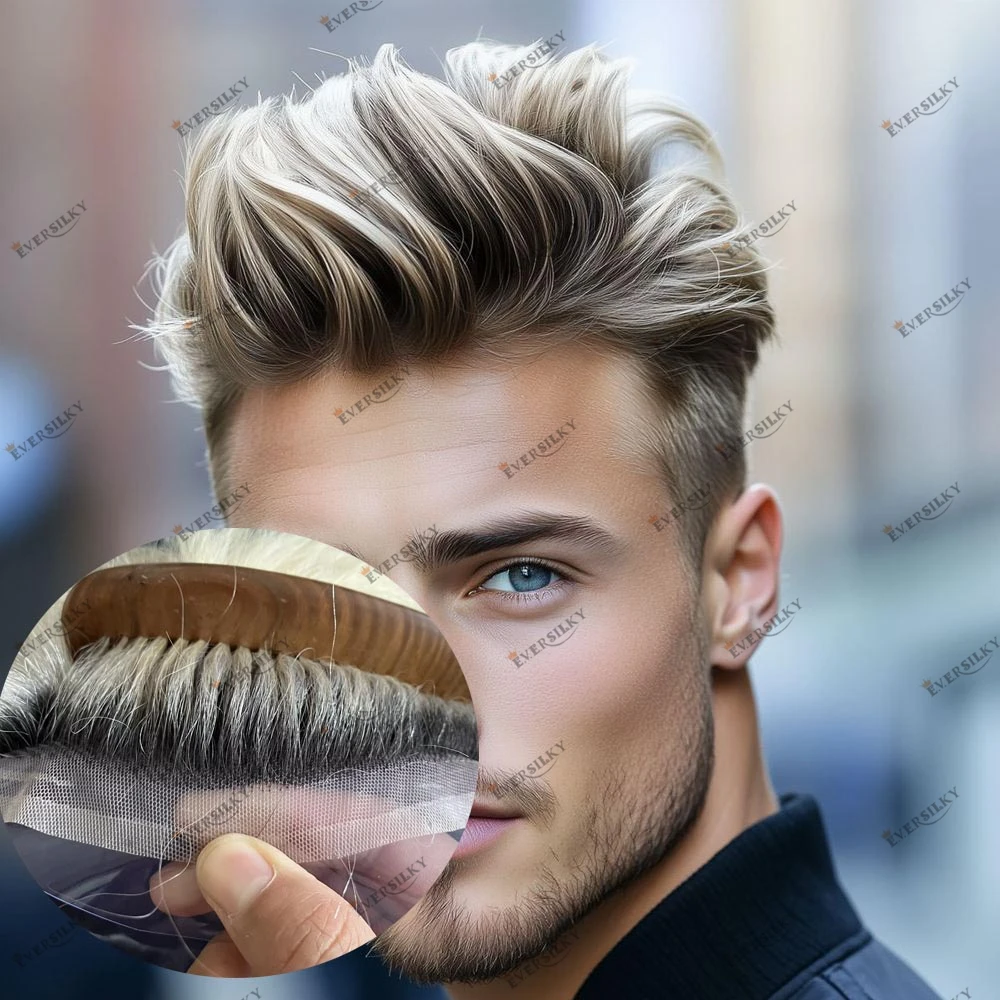 

Швейцарский кружевной парик из натуральных европейских светлых волос для мужчин с облысением, вентилируемый, невидимый, на кружевной основе, омбре 1BT60R