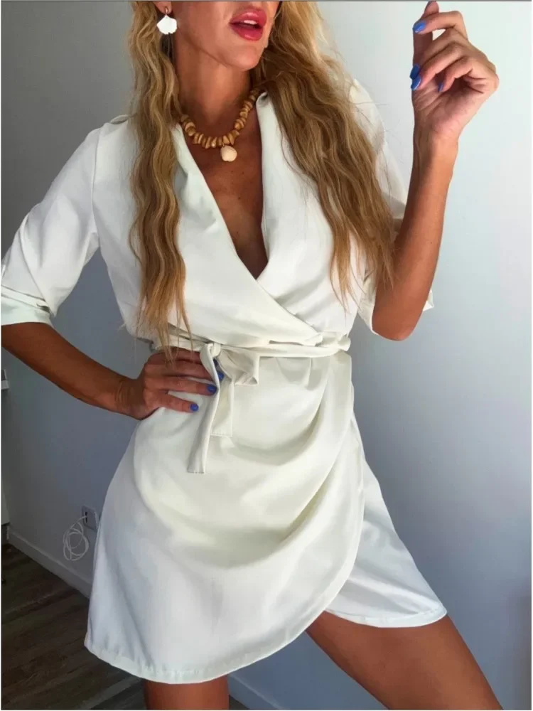 Vestido camisero elegante con cuello en V para ir al trabajo, vestido camisero liso con cordones, vestido de fiesta ajustado informal de media manga, Vestidos huecos para mujer