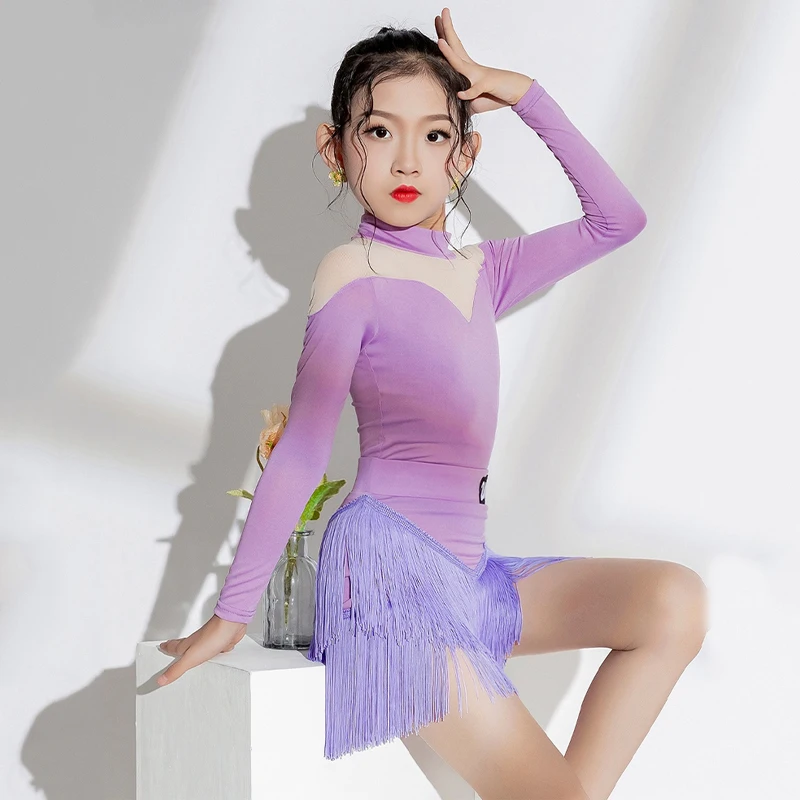 2023 New Kids Party Latin Dancing Costumes Girls Latin Dance Fringed Dress Purple Performance Latin Dance Clothing SL9505