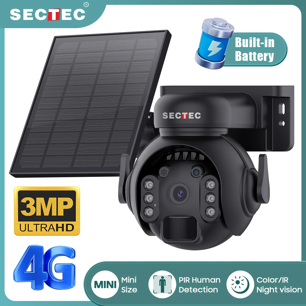 SECTEC 2K Solar Security Camera Outdoor Wireless WiFi Camera PIR Human Detection Night Vision IP65 CCTV Camera