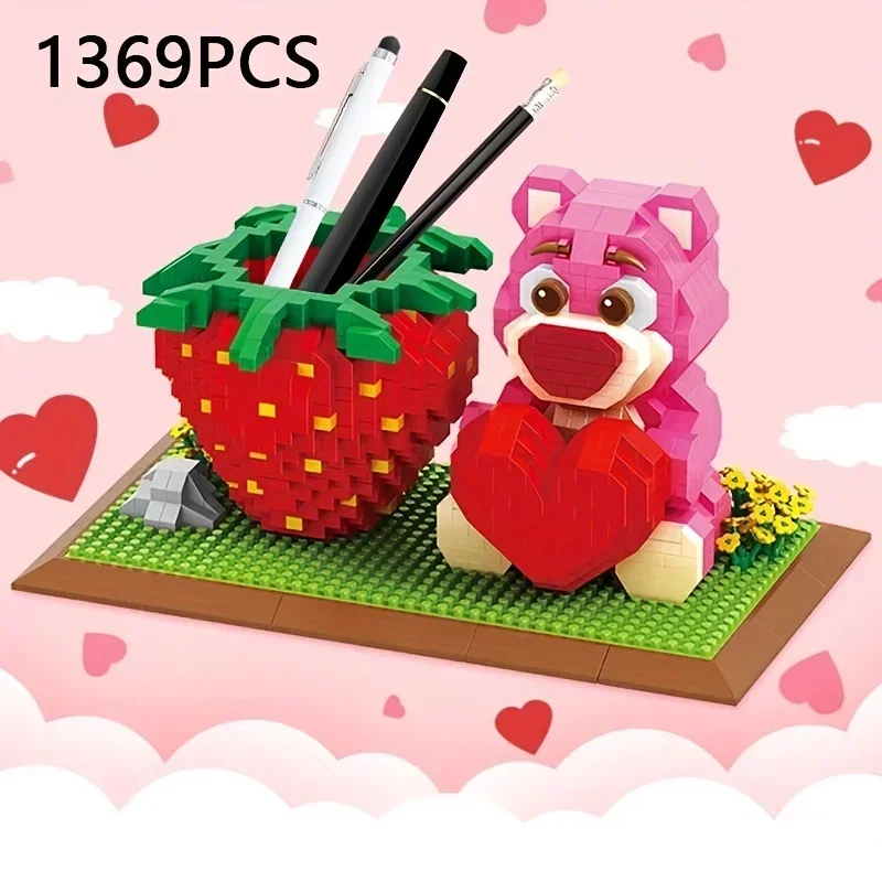 1369PCS Strawberry Pen Container Micro Building Blocks Pink Bear Assembled Model Mini Brick Figure Toy For Girls Gift