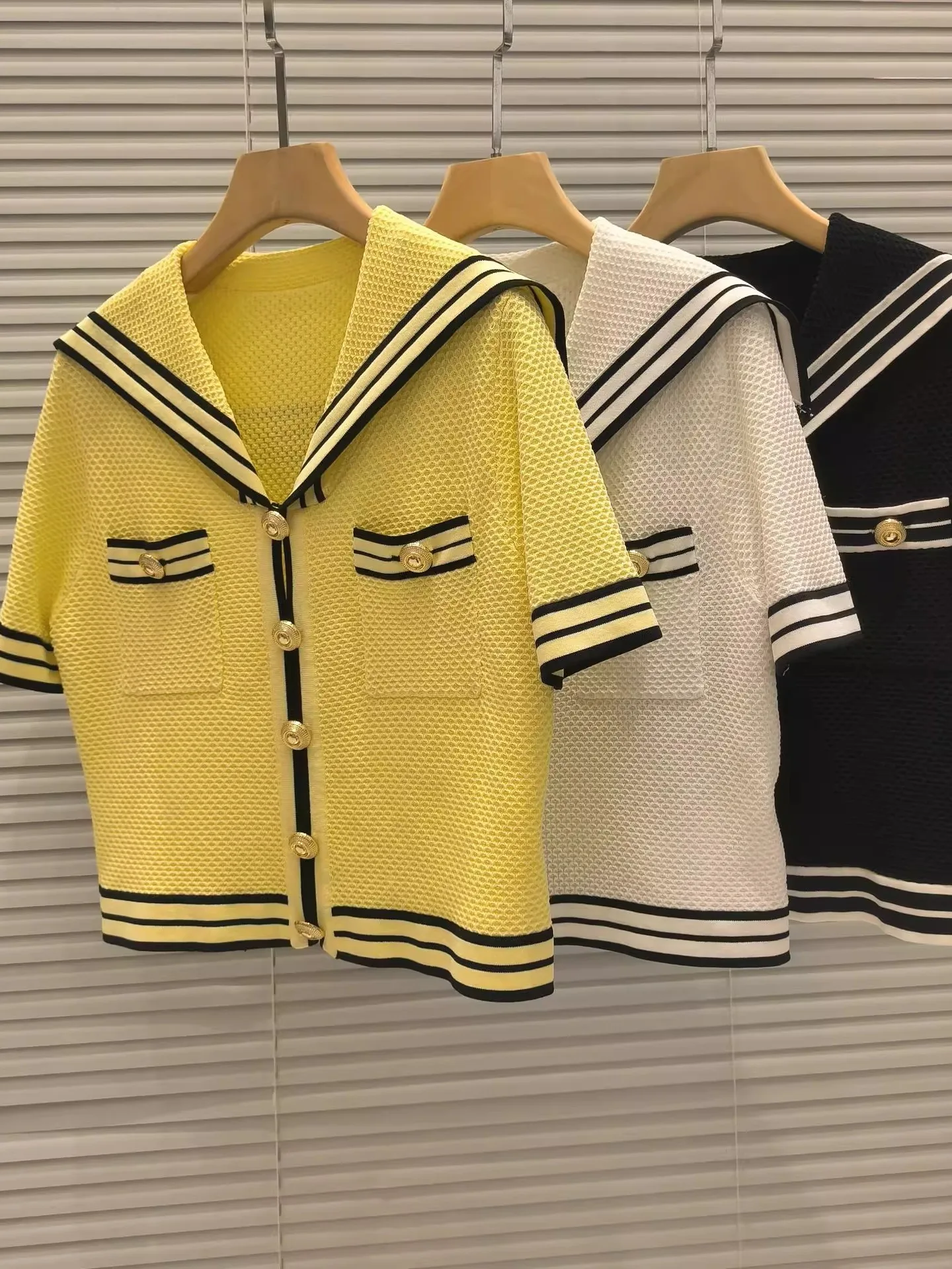 

Ele Navy Collar ort Sve Knitted Top And f Skirt Set Slimming Sweet Sle Spring Summer Anti-Aging European Faion