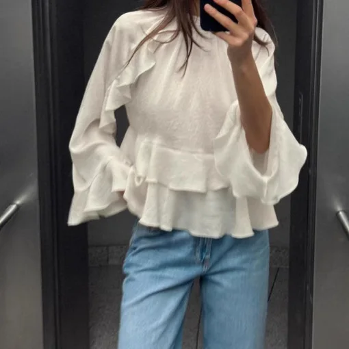 

Elegant Long Puff Sleeve Female O Neck Blouses Fashion Chiffon Ruffled Shirts For Women 2025 Spring New Chic Lady Tops Beachwear