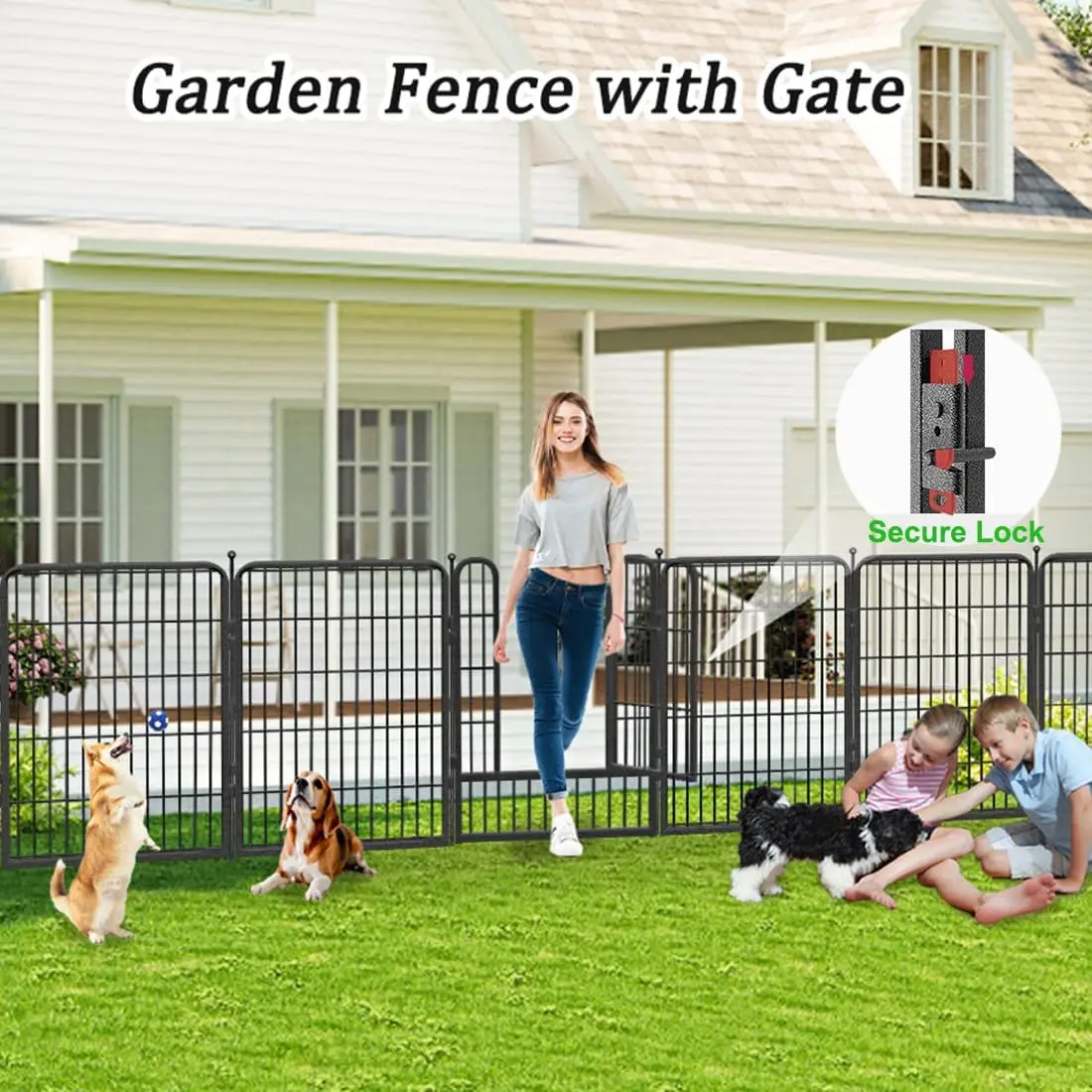 Garden Fence with Gate Metal for Yard, 32in x 23ft 10 Panels No Dig Temporary Dog Rustproof Flower Bed Edging Patio