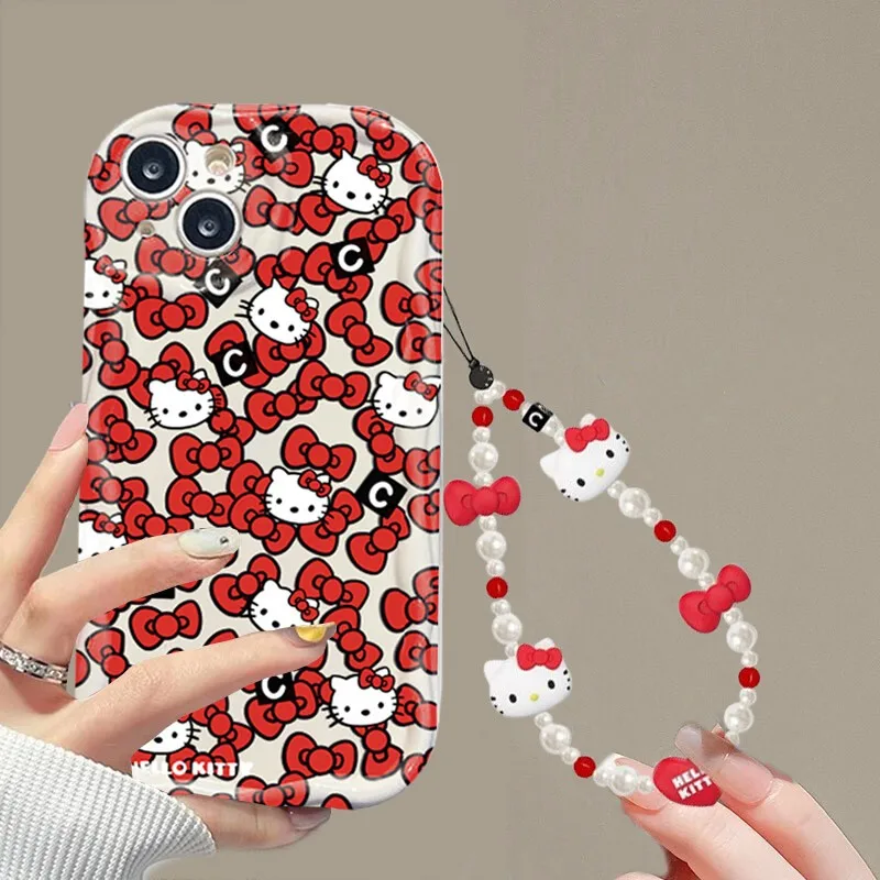 لطيف INS مرحبا كيتي مع سوار جراب هاتف لسامسونج غالاكسي S25 S24 S23 S21 S20 FE زائد الترا F06 4G 5G 3D موجة غطاء من البولي يوريثان الحراري