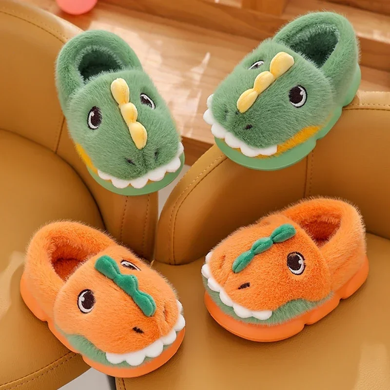 Cute Cartoon Dinosaur Children Plush Slippers Soft Sole Non-slip Winter Warm Baby Boys Girls Indoor Home Heel Wrap Cotton Shoes