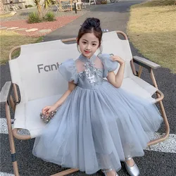 2025 Short sleeved Girls' Dress Children's Elegant Party Dress Girls' Mesh Dress Children's Starry Sky Princess Dress