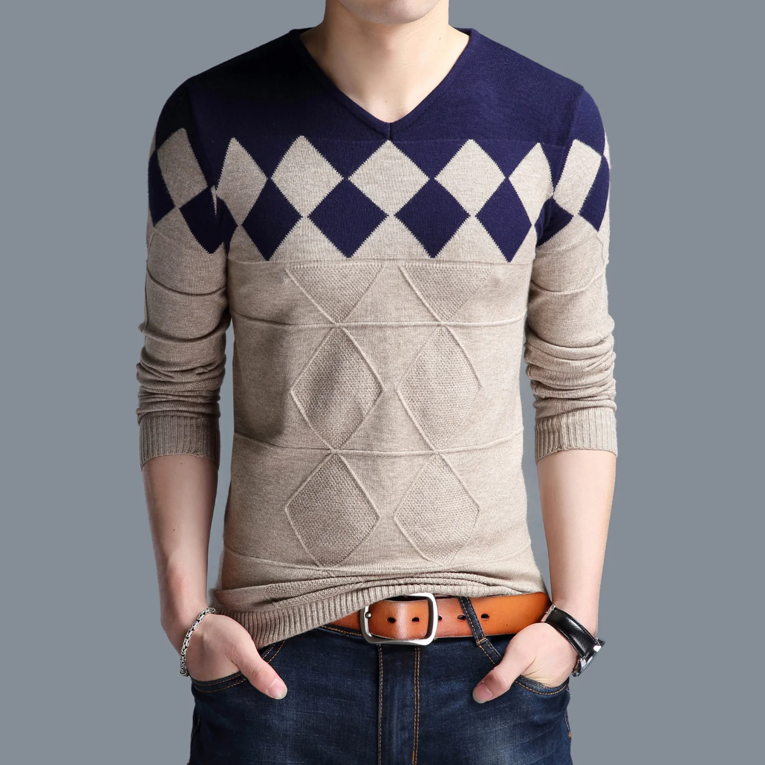 

Spring Autumn Men's Casual Long Sleeve Knitted V-neck Sweater Base Sweaters