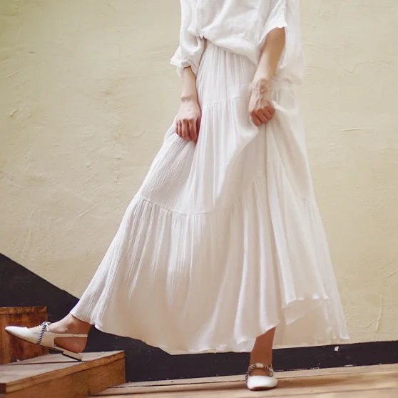 

2023 Summer New Women White Long Skirt High Waist Stretch Cotton And Linen Skirts Saia Women A-Line Skirt