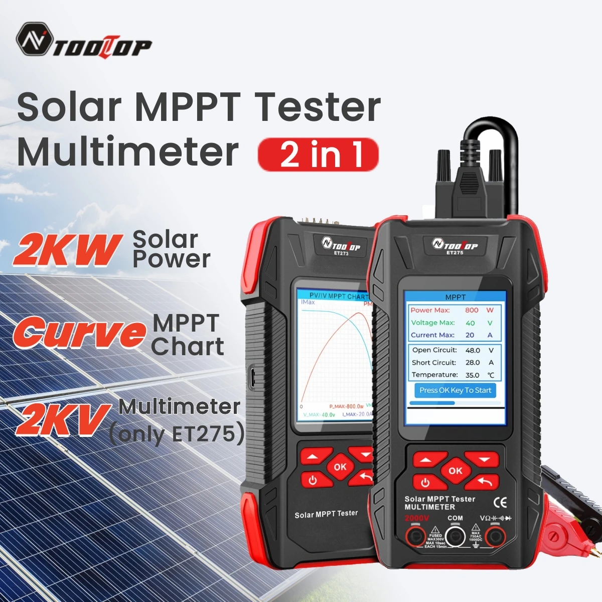TOOLTOP 2000W Solar MPPT Tester Pmax Voc Isc Photovoltaic Power Meter Multimeter 3.2inch Rechargeable PV Modules Measurement