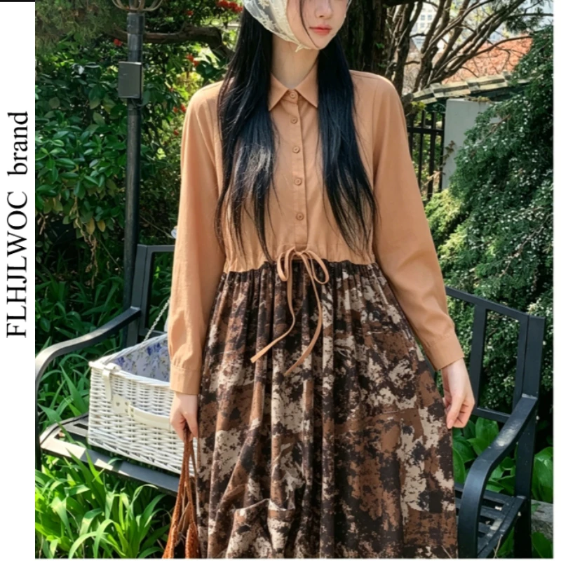 Art Mori Girls Retro Shirt Dress Long Sleeve Basics Vintage Japan Style Patchwork Shirring Waist Fake 2-Piece Cotton Linen Dress