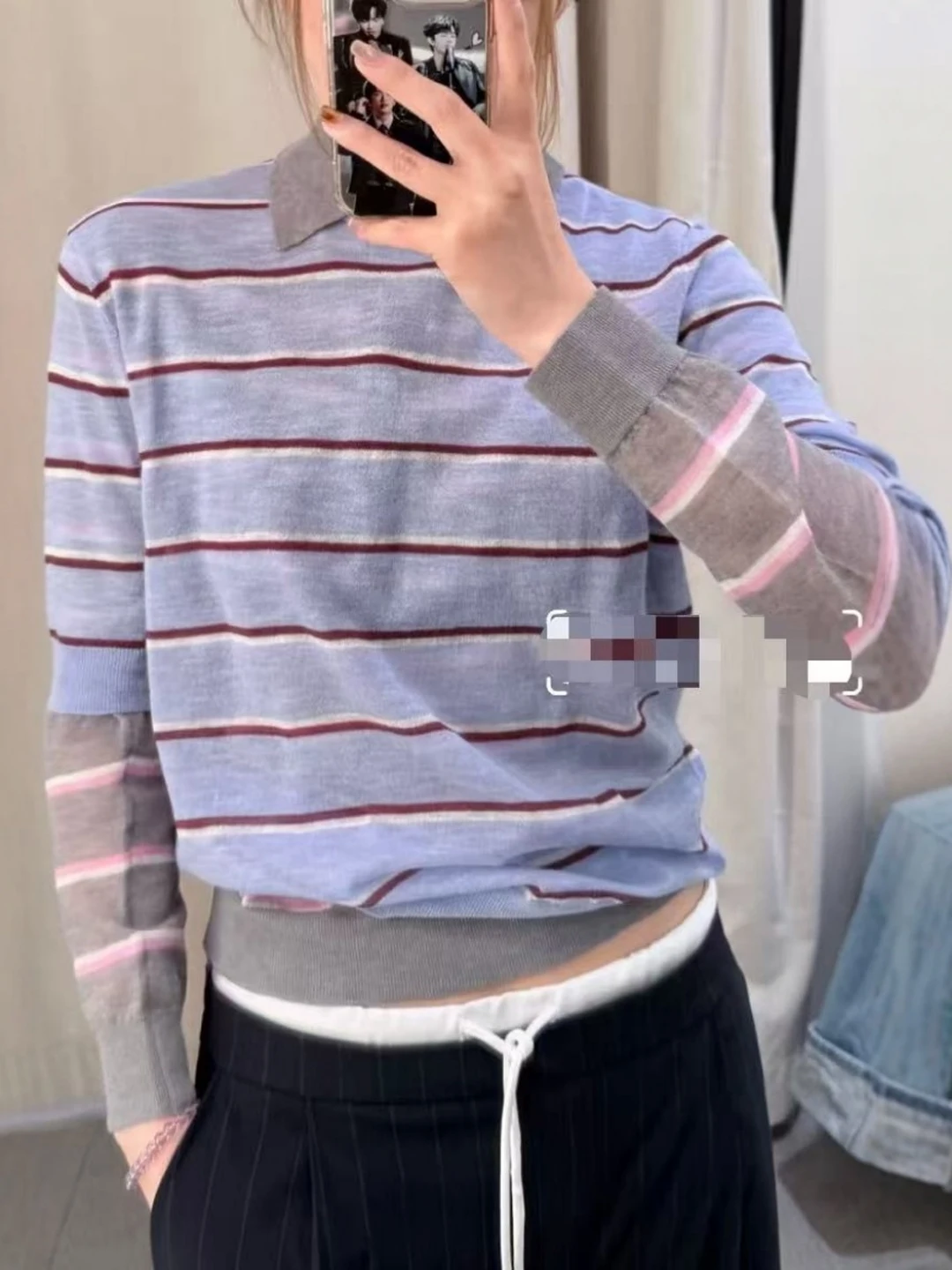 Laid-back Atmosphere Misty Blue Short Sleeve round Neck Wool Stripe Ultra Fine Needle Top Women's Loose Fit T-shirt round Nec...