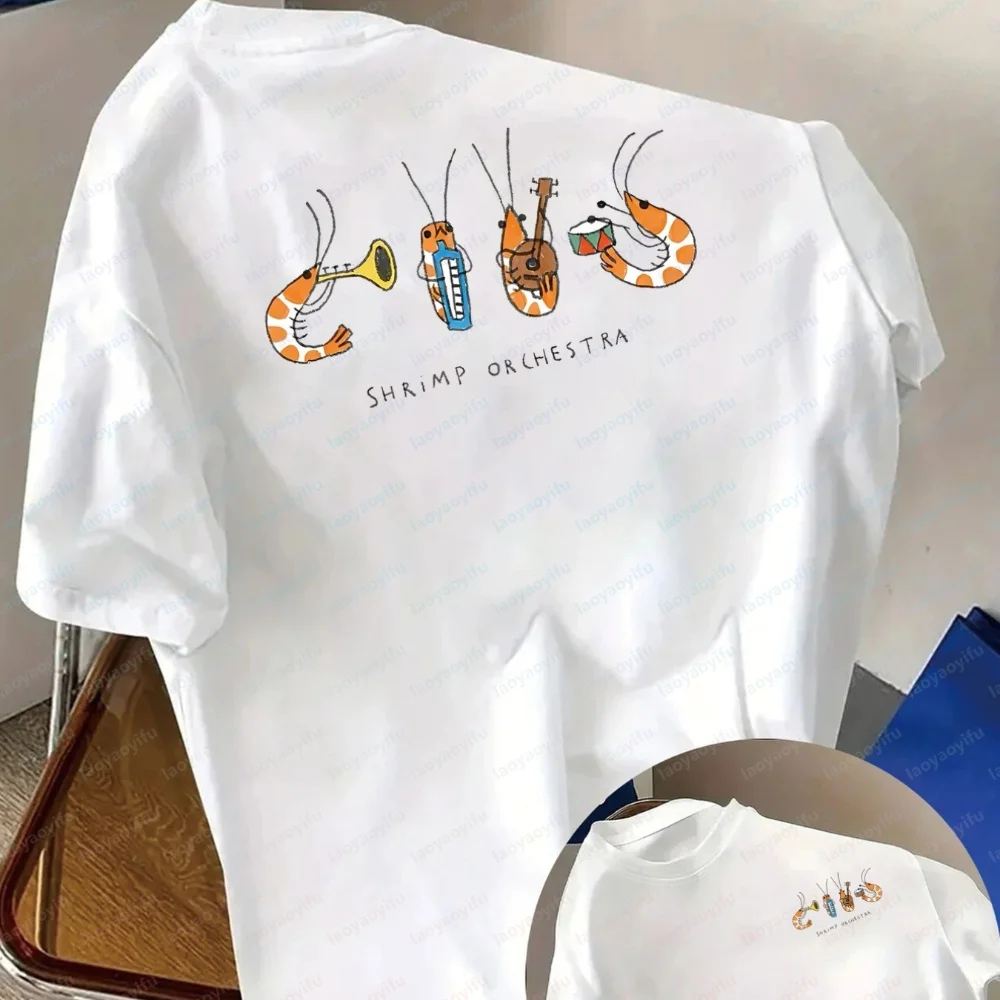Shrimp Orchestra T-shirt Cartoon Style Print Short Sleeve Casual Summer and Spring Top Women's Clothing High Quality Cotton Tops